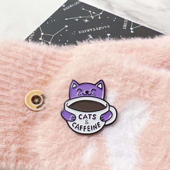 Cat Pin a Purple Cat with a Cup of Coffee - Picture 6 of 6
